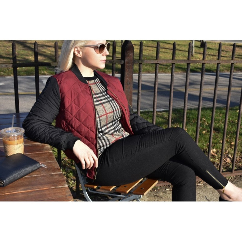 TWO TONE QUILTED BOMBER JACKET in burgundy - Picture 3 of 5